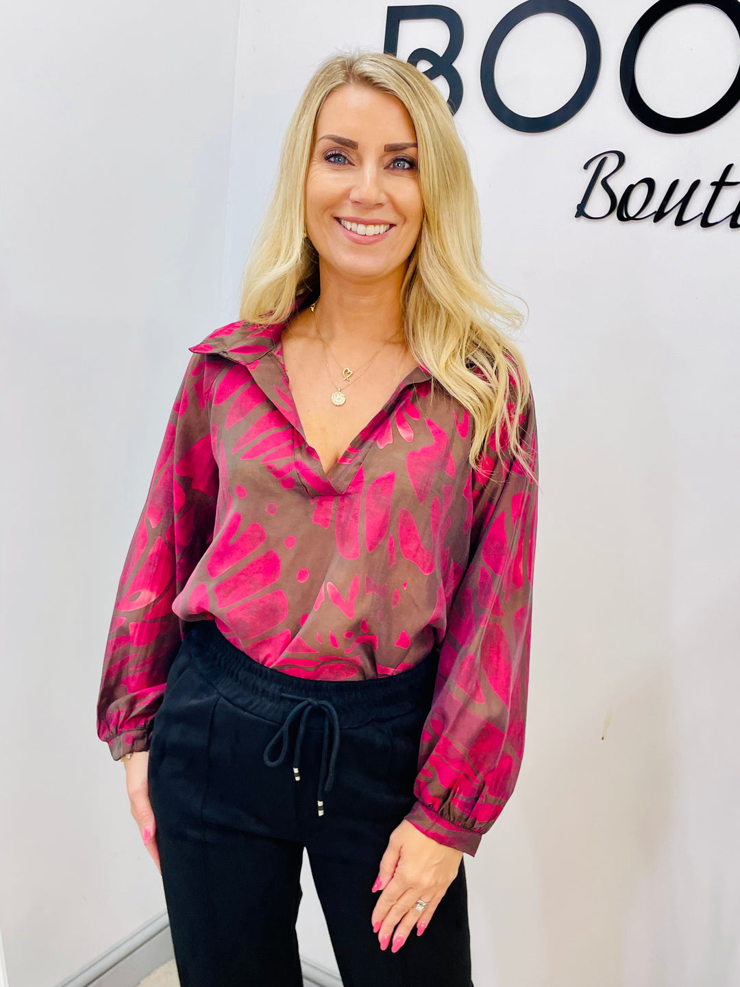 LADIES V NECK FLOATY TOP BLOUSE - BROWN, BLUE, RASPBERRY, BLACK