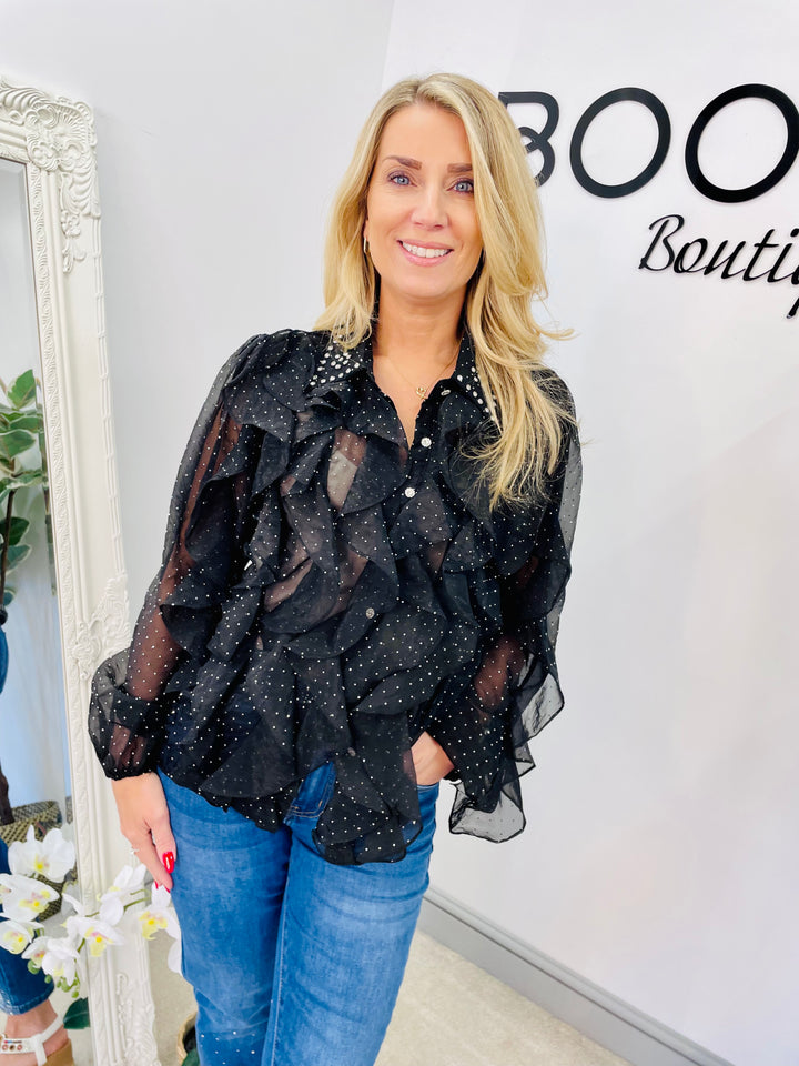 LADIES WOMENS SHEER DIAMANTE JEWELLED BLOUSE SHIRT - BLACK & WHITE