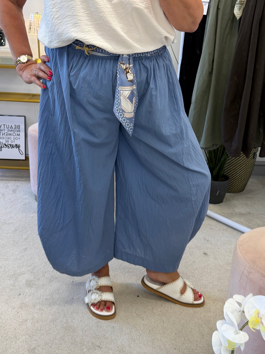 Ladies Cotton Barrel Leg Trousers - Brown, Black, Khaki & Denim Blue