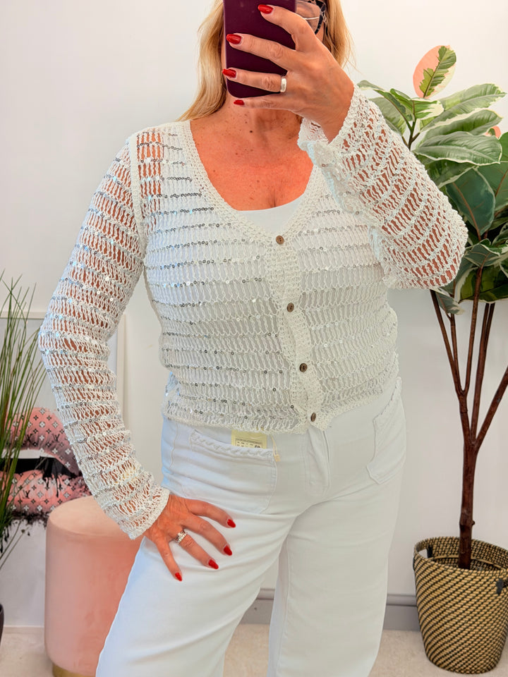 Ladies Fashion White Sequin Sparkly Crochet Bolero Cardigan