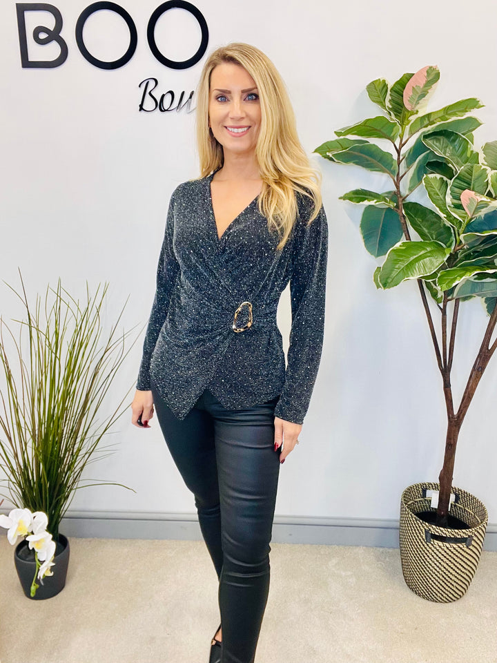 LADIES LUREX WRAP STYLE TOP - BLACK, SILVER, RED