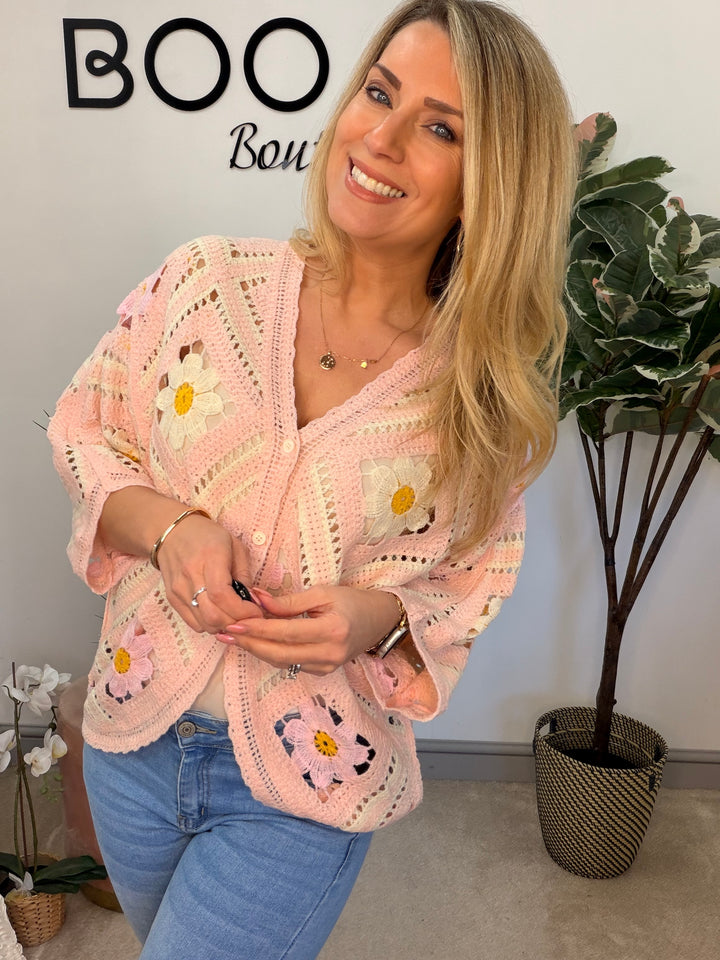 Ladies Fashion Crochet Shrug Cardigan - lemon, blue & pink