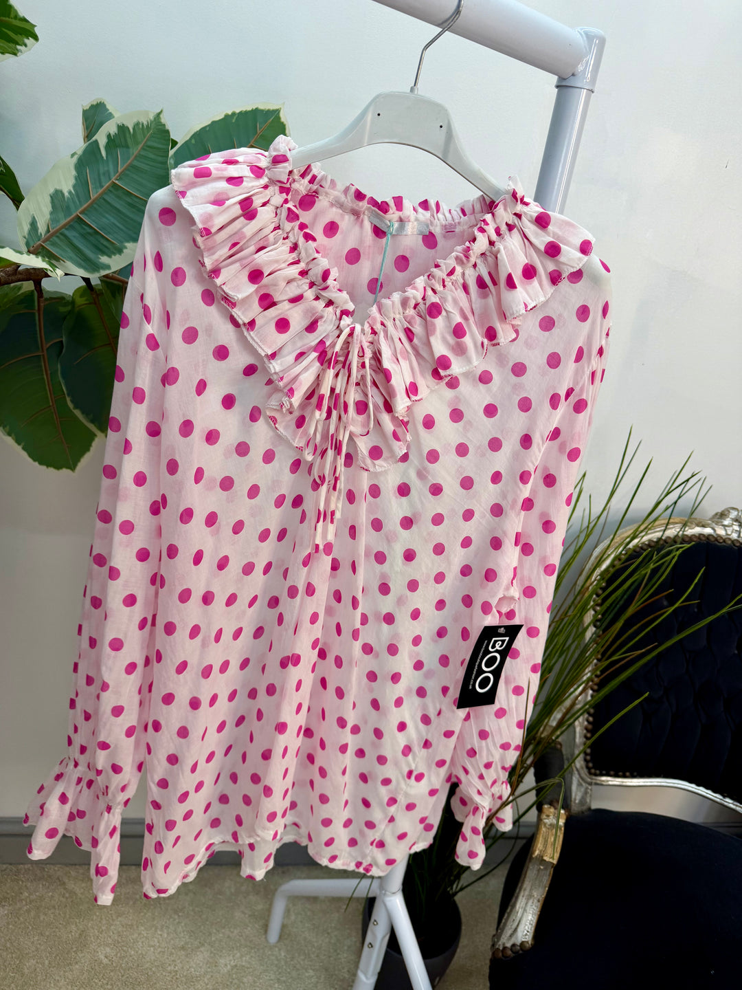 Ladies Fashion White Cotton Polka Dot Pretty Blouse - pink & navy