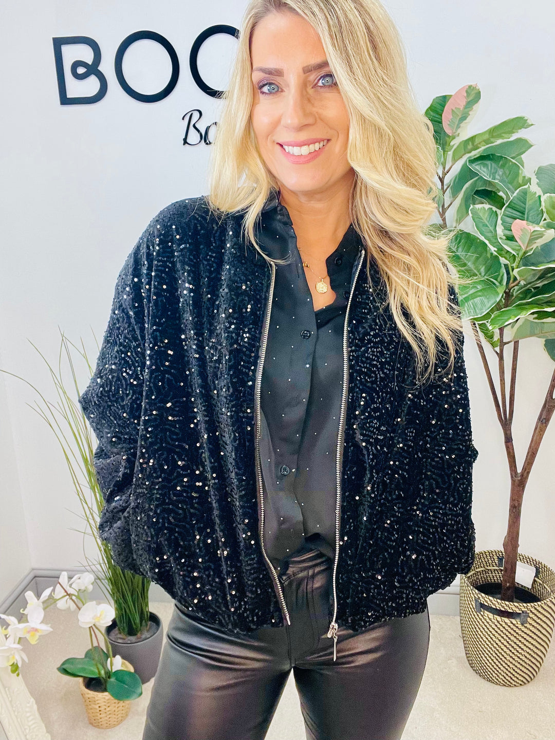 LADIES SEQUIN BOMBER JACKET - BLACK, SILVER, BERRY, BROWN