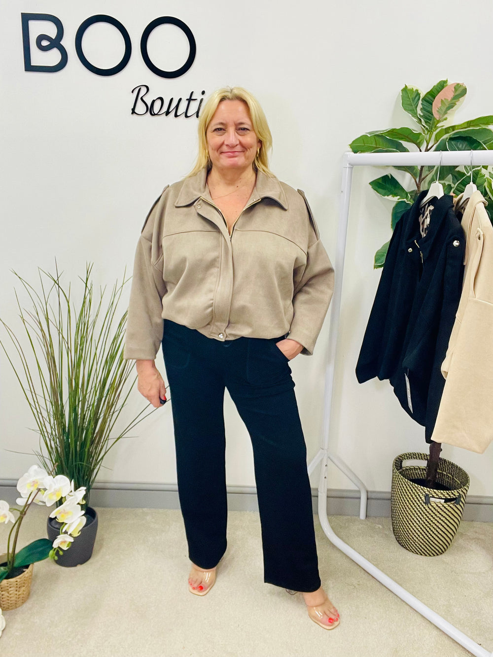 LADIES FAUX SUEDE BOMBER JACKET - BLACK, BEIGE & TAUPE