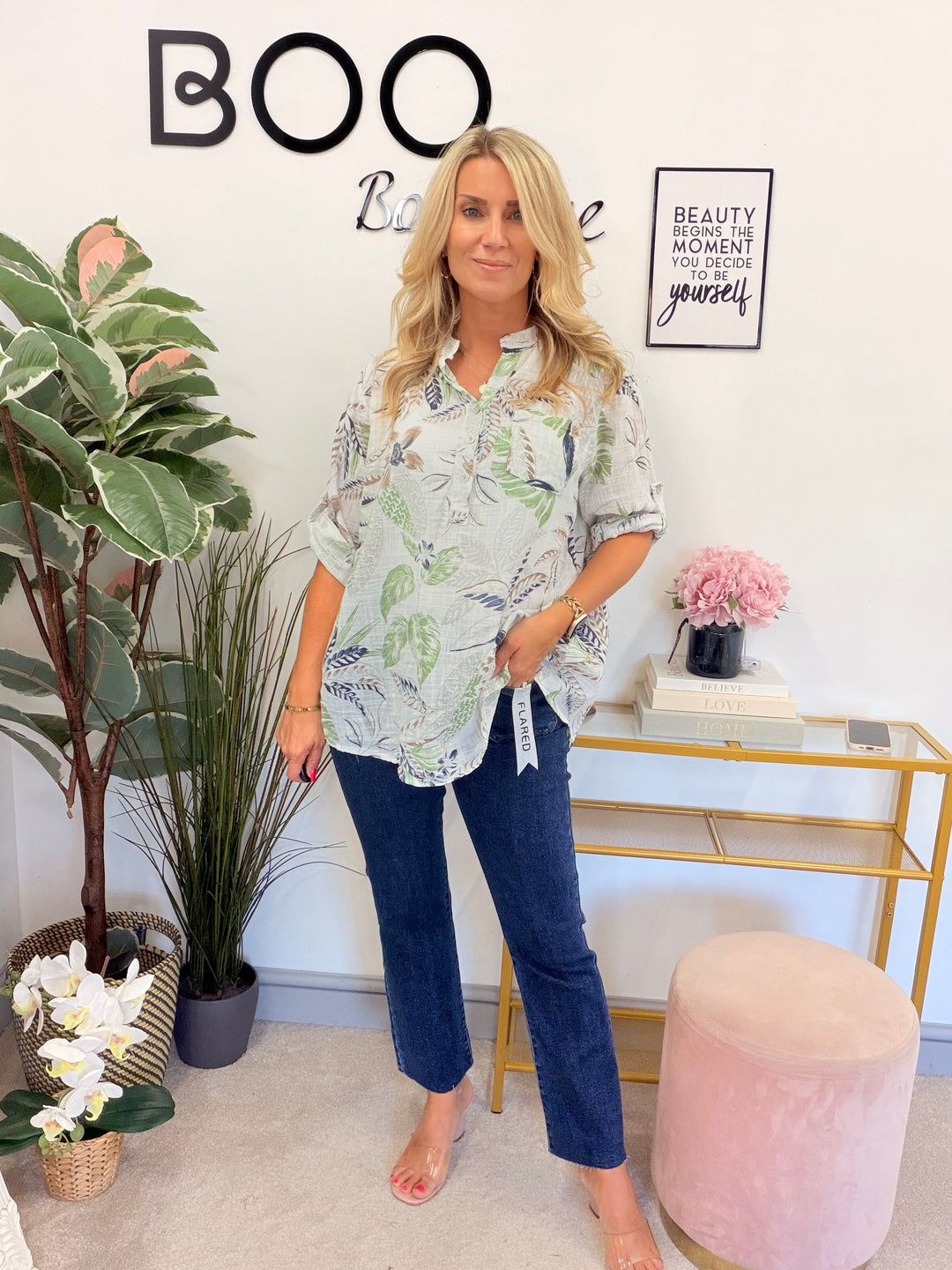 Ladies White Light Linen Leaf Print Grandad Shirt Top