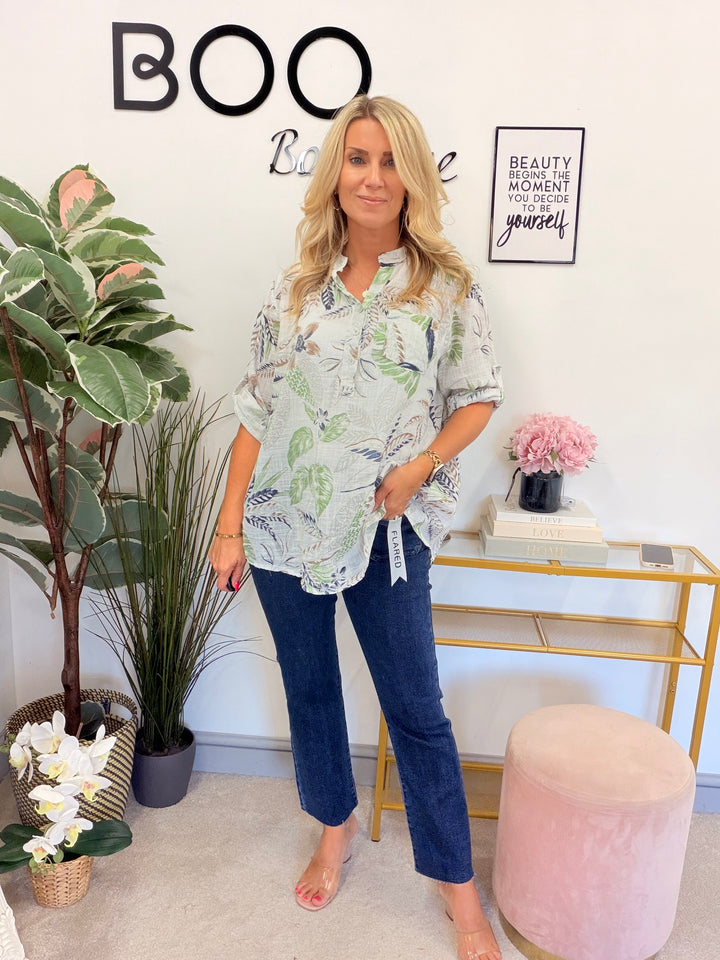 Ladies White Light Linen Leaf Print Grandad Shirt Top