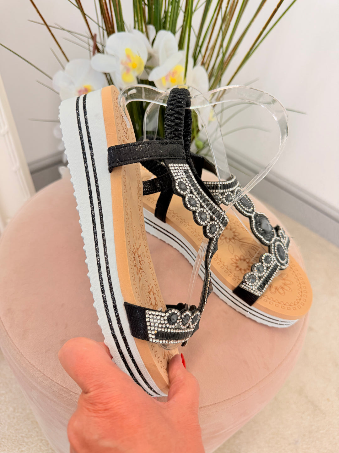 Ladies Fashion Black Jewelled Small Wedge Sandals Shoes
