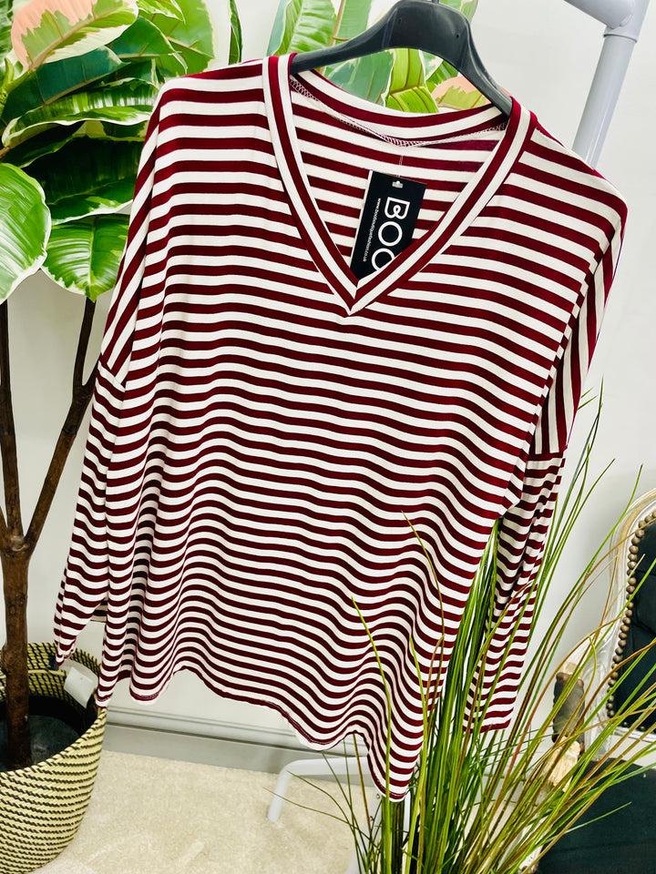 LADIES CASUAL STRIPE LOOSE FIT TOP - KHAKI, NAVY, WINE, BLACK & BROWN