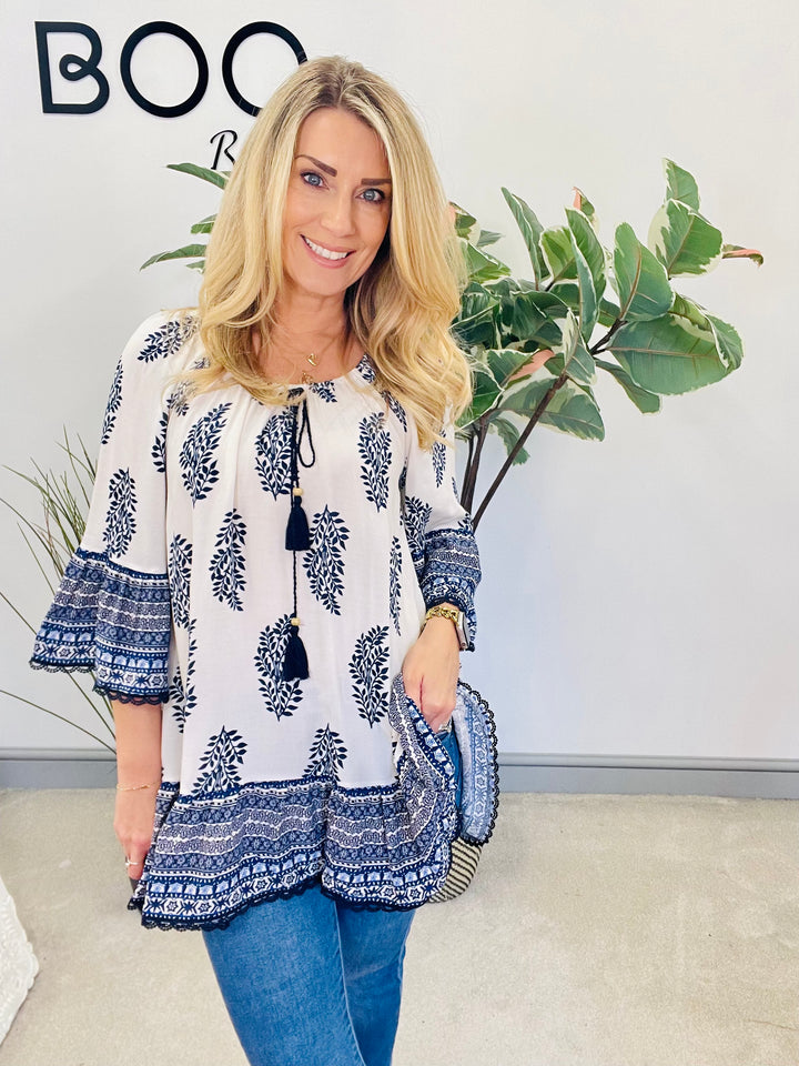 LADIES WOMENS NAVY & WHITE PAISLEY PRINT SMOCK SUMMER HOLIDAY TOP BLOUSE