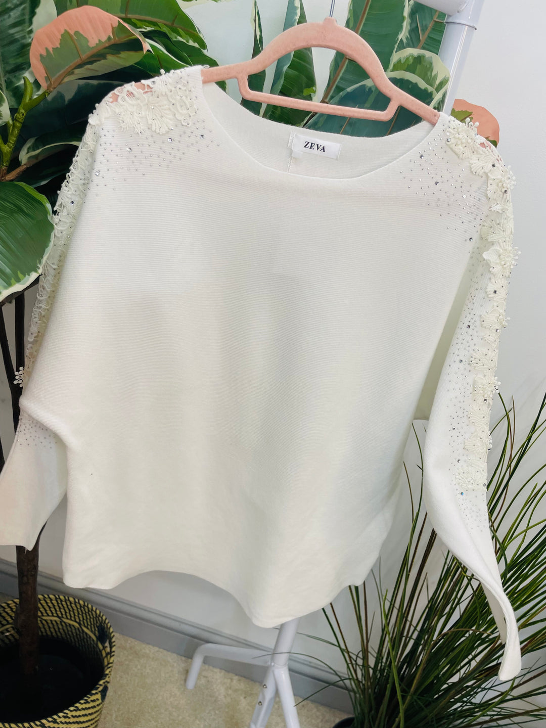 LADIES DIAMANTE SLEEVE BATWING JUMPER WHITE