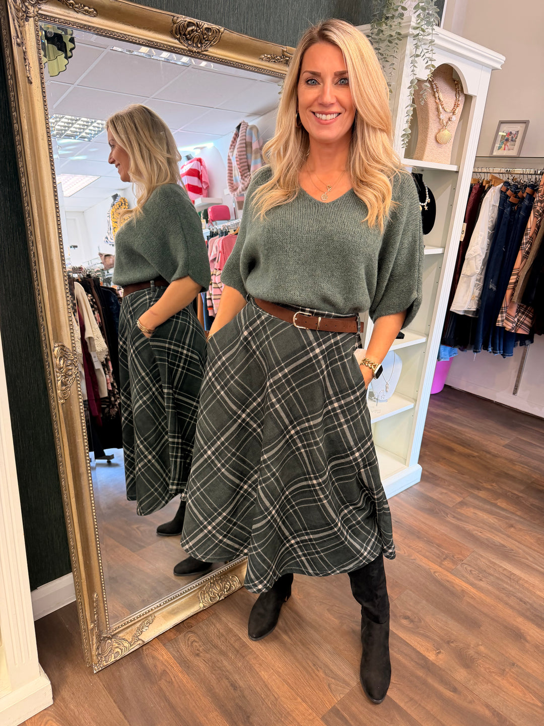 Womens tartan A line midi skirt - Wine, Blue & Khaki