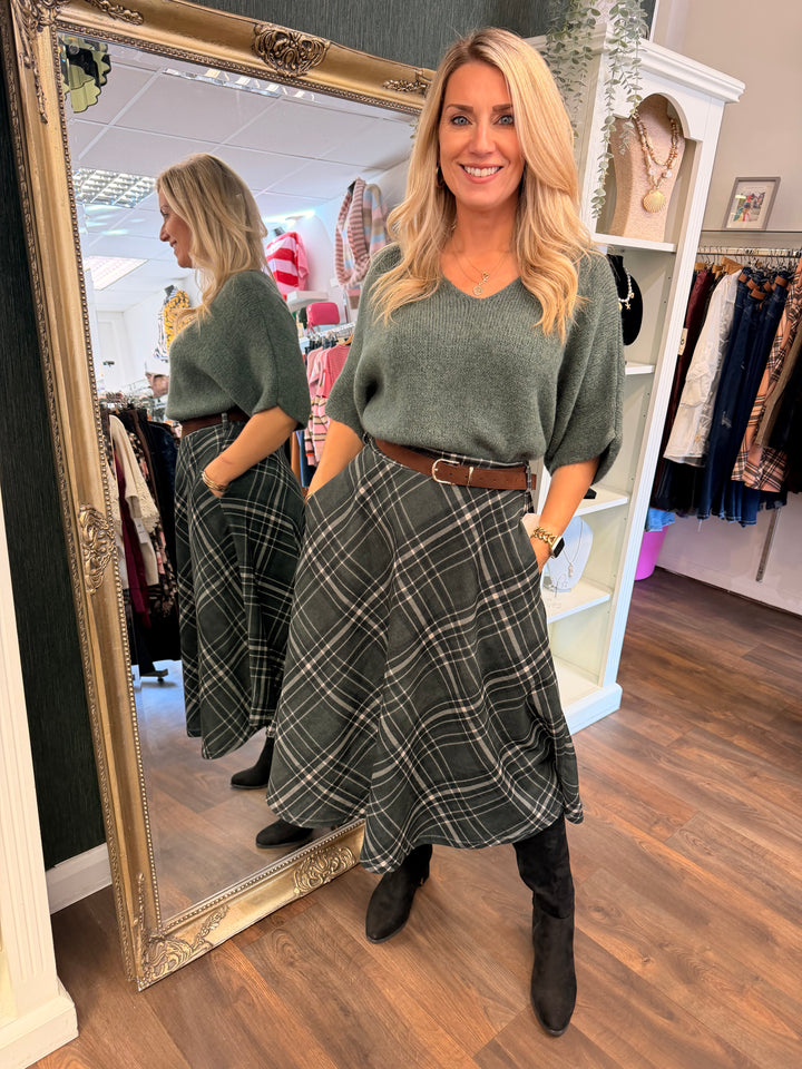 Womens tartan A line midi skirt - Wine, Blue & Khaki