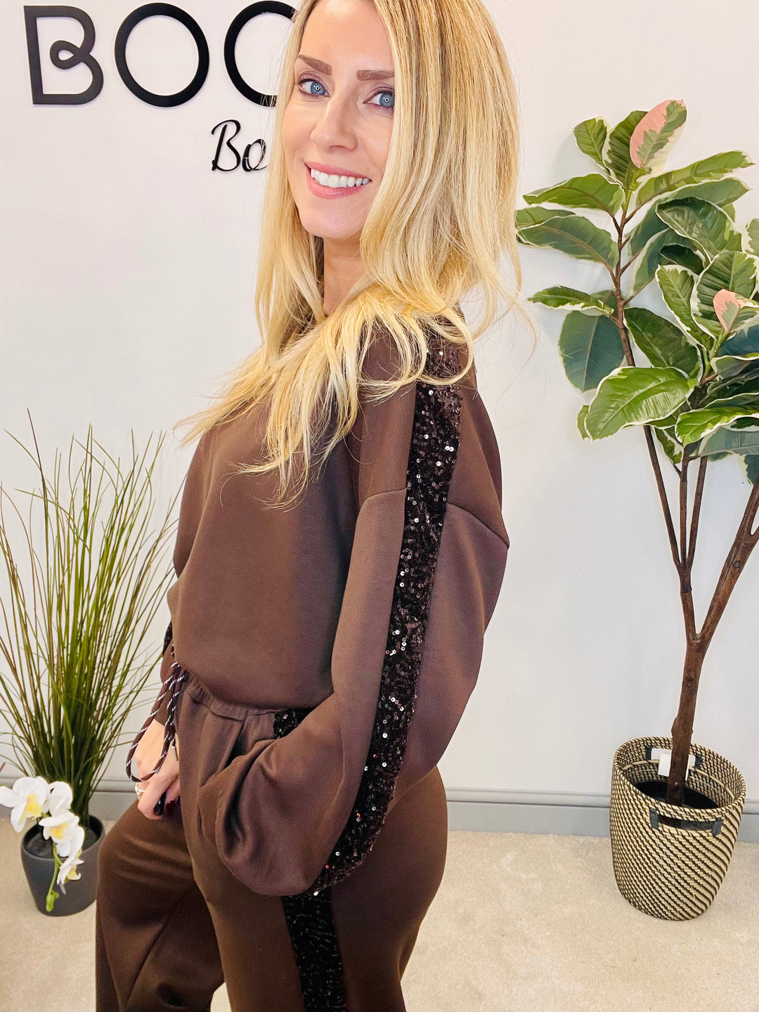 LADIES SEQUIN SCUBA WIDE LEG TROUSER CO ORD SET - BROWN, BLACK, NAVY