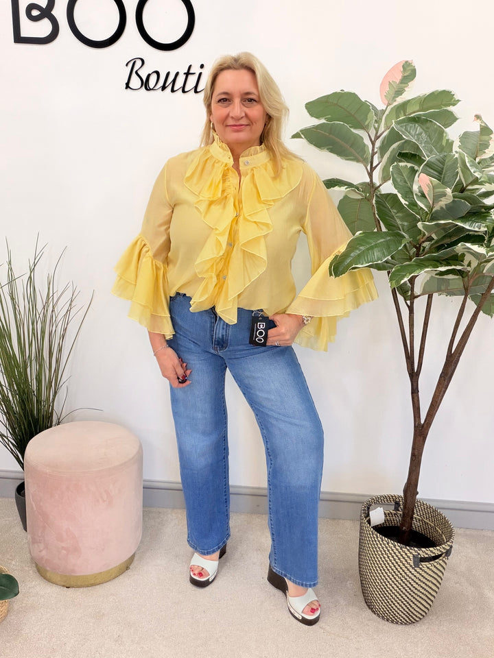 Ladies Fashion Sheer Ruffle Front Blouse Top - white, pink, blue, sage, lemon