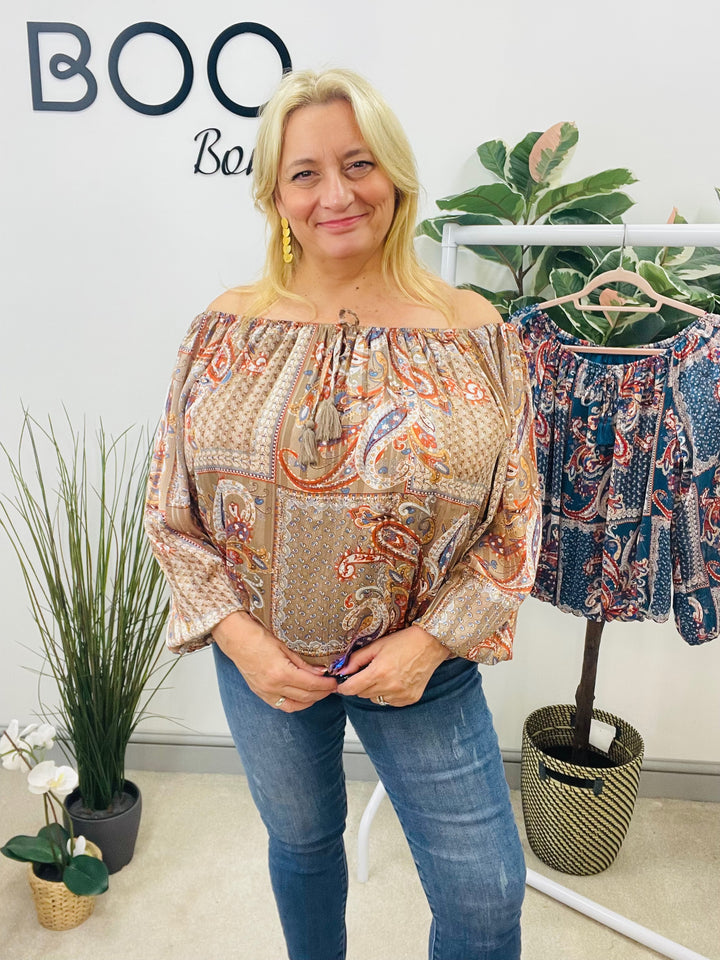 LADIES PAISLEY CHIFFON BARDOT TOP BLOUSE - BEIGE & TEAL