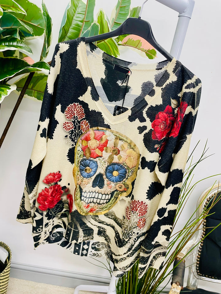 LADIES SKULL PRINT GOLD LUREX LONG SLEEVE TOP