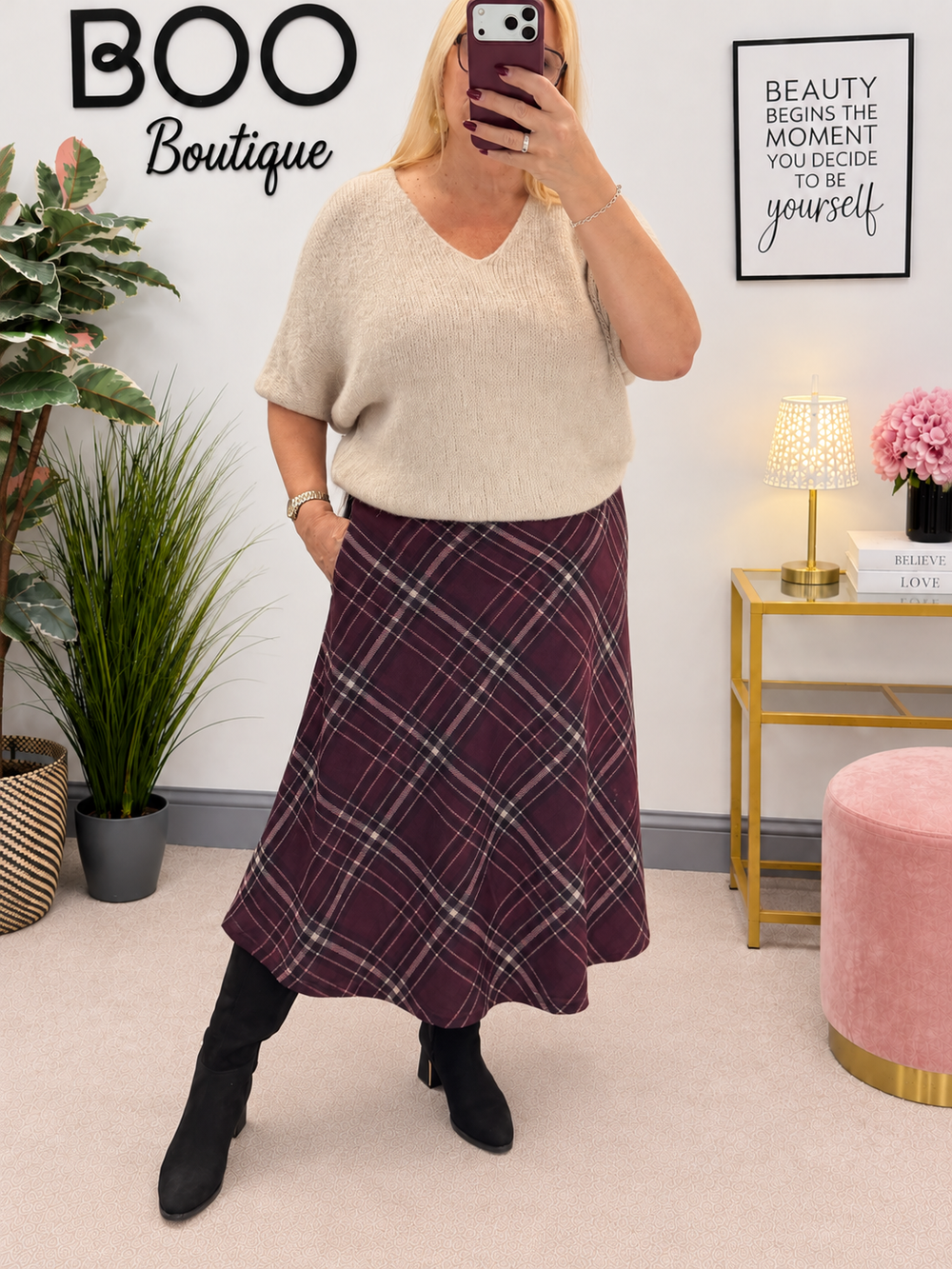 Womens tartan A line midi skirt - Wine, Blue & Khaki