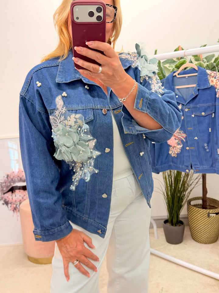 Ladies Blue Denim Applique Flower & Pearl Jacket - Pink & Mint