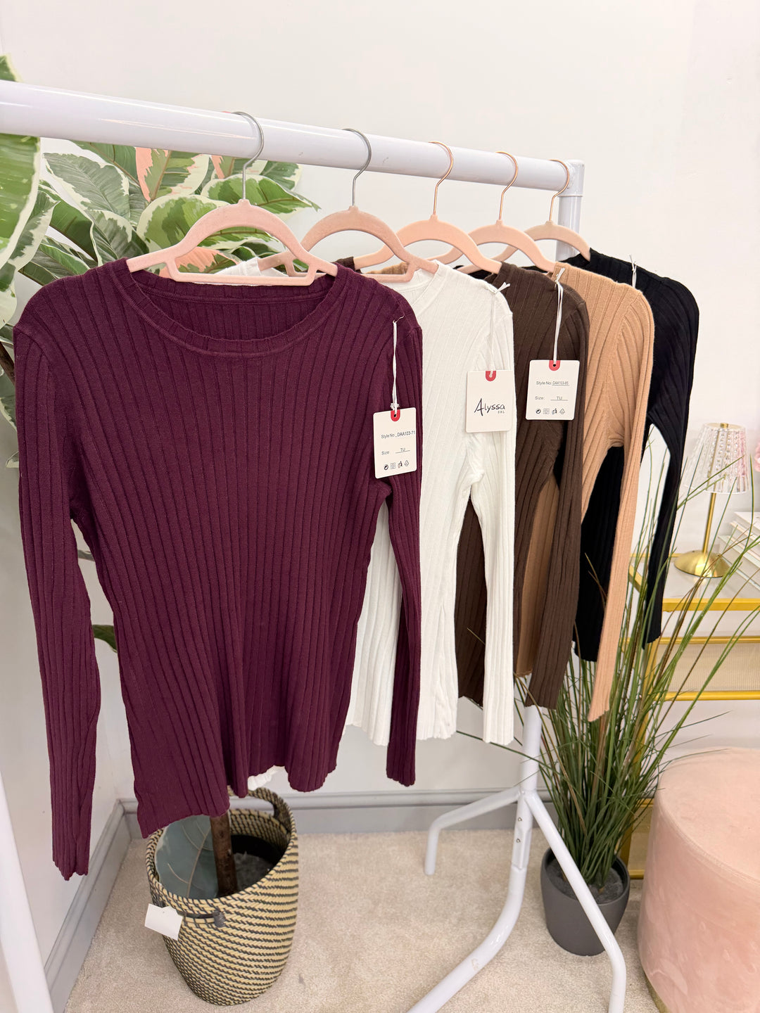 Ladies Fashion Staple Style Ribbed Stretch Knit Long Sleeve Top - Black, Wine, Camel, White & Brown
