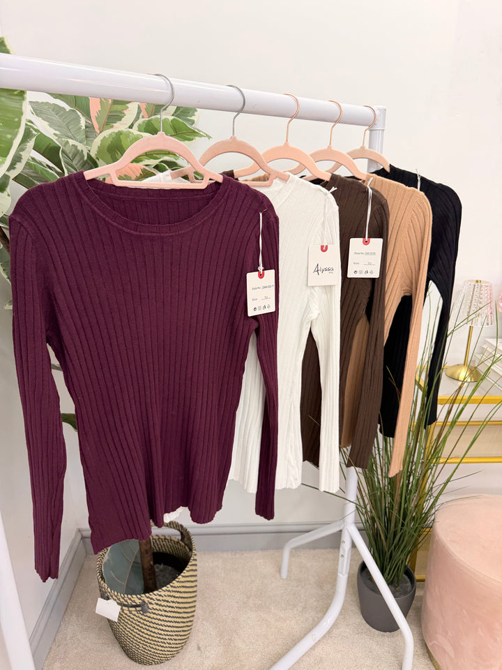 Ladies Fashion Staple Style Ribbed Stretch Knit Long Sleeve Top - Black, Wine, Camel, White & Brown
