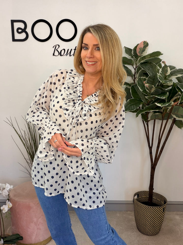 Ladies Fashion White Cotton Polka Dot Pretty Blouse - pink & navy