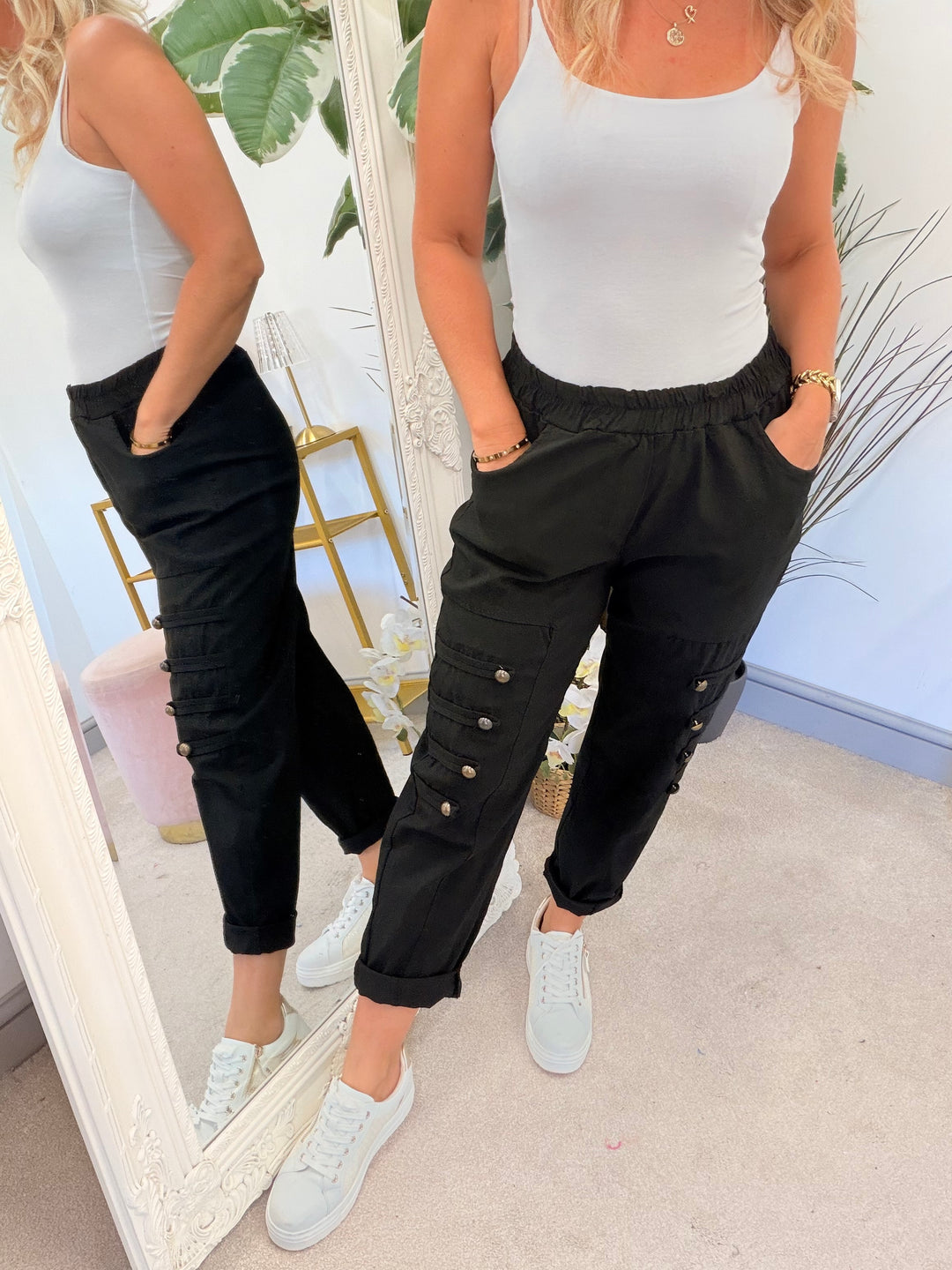 Ladies Fashion Military Magic Stretch Trousers - Black, Brown, Khaki & Beige