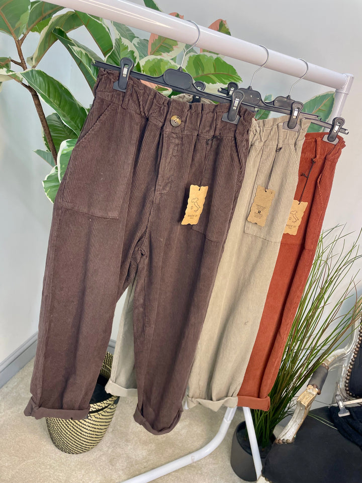 LADIES BAGGY CORDUROY TROUSERS - TAUPE, RUST & BROWN