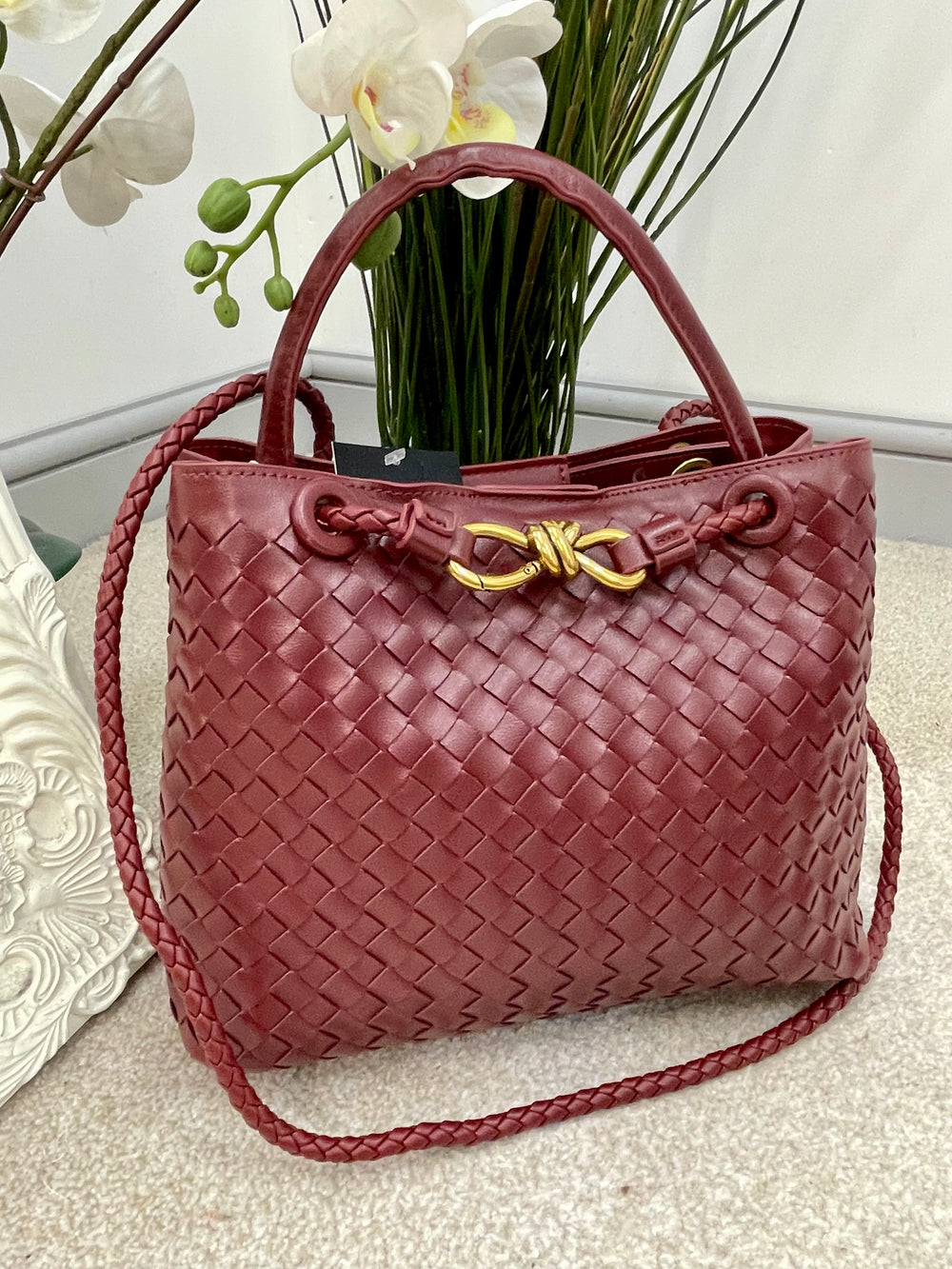 LADIES DESIGNER INSPIRED WOVEN HAND BAG - BLACK, GREEN, CAMEL & WINE