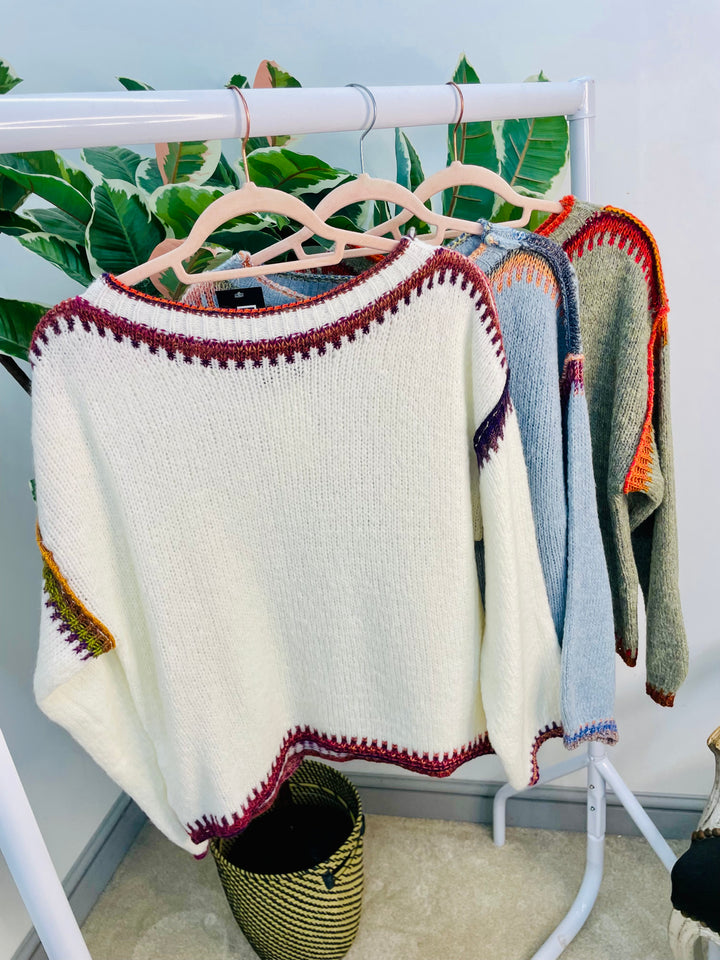 LADIES WINTER CONTRAST STITCH KNIT JUMPER - CREAM, KHAKI & BLUE