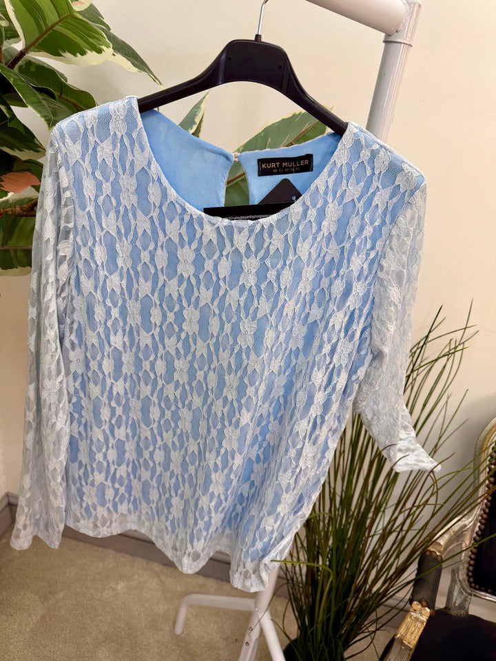 LADIES FASHION LACY LONG SLEEVE TOP - LEMON, WHITE, BLUE & PINK
