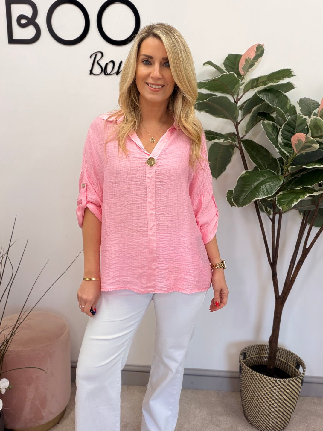 Ladies Fashion Grandad Style Top Blouse - Pink, Lemon, White & Blue