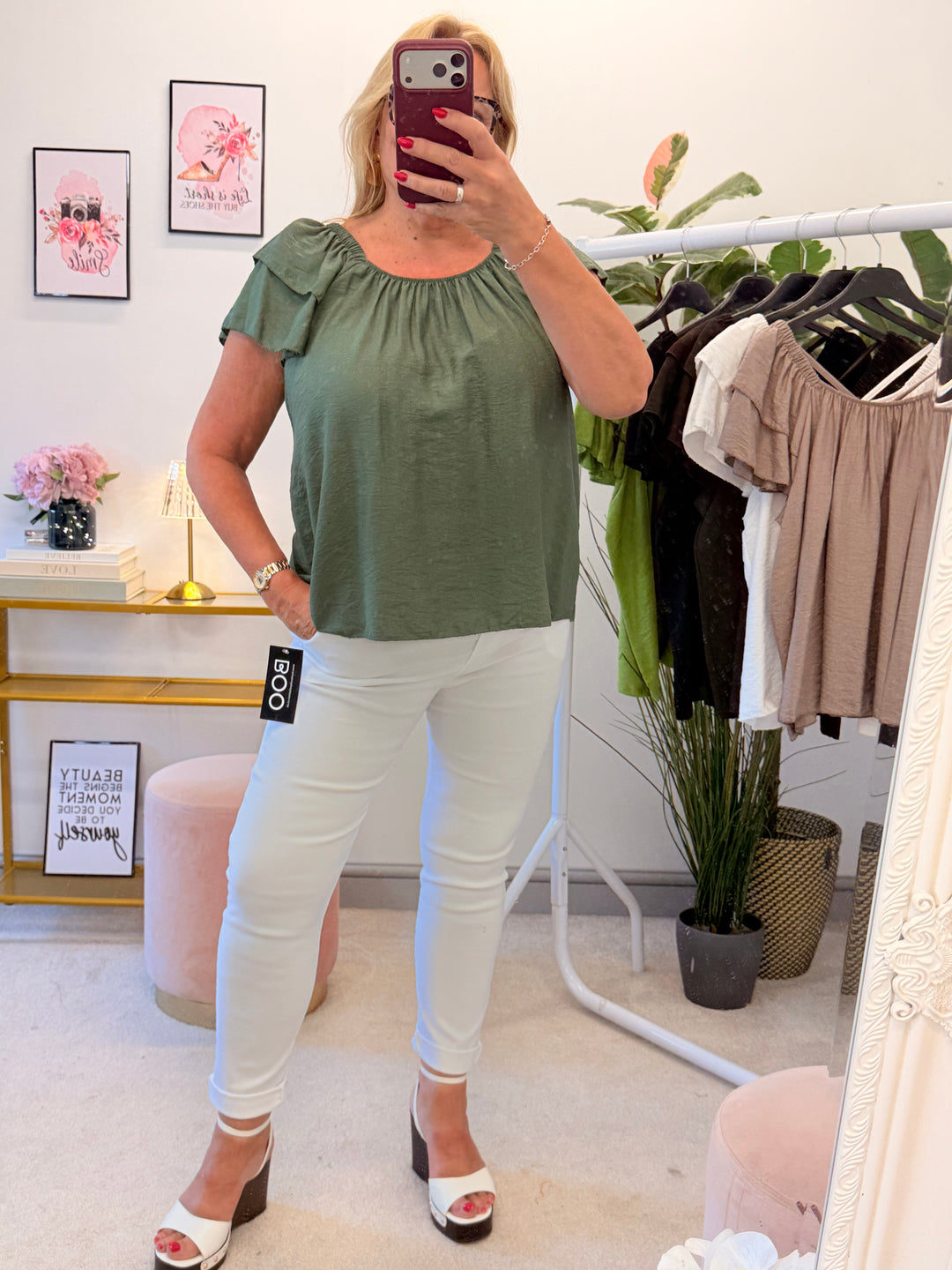 Ladies Short Sleeve Bardot Top - Lime, Black, White, Khaki, Brown, Mocha