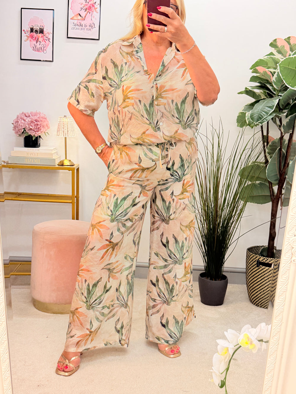 Ladies Fashion Beige Leaf & Flower Print Wide Leg Trouser Co ord Set - Pink & Khaki