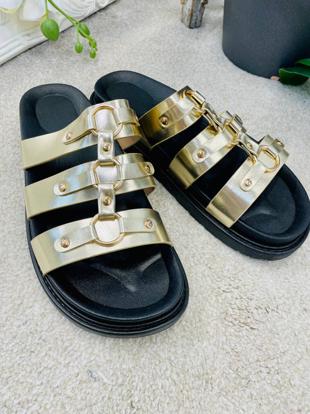 LADIES FLAT FOOTBED BUCKLE SLIDER SUMMER SANDALS - GOLD & NUDE