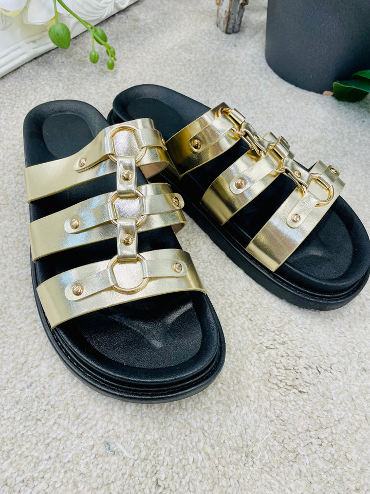 LADIES FLAT FOOTBED BUCKLE SLIDER SUMMER SANDALS - GOLD & NUDE