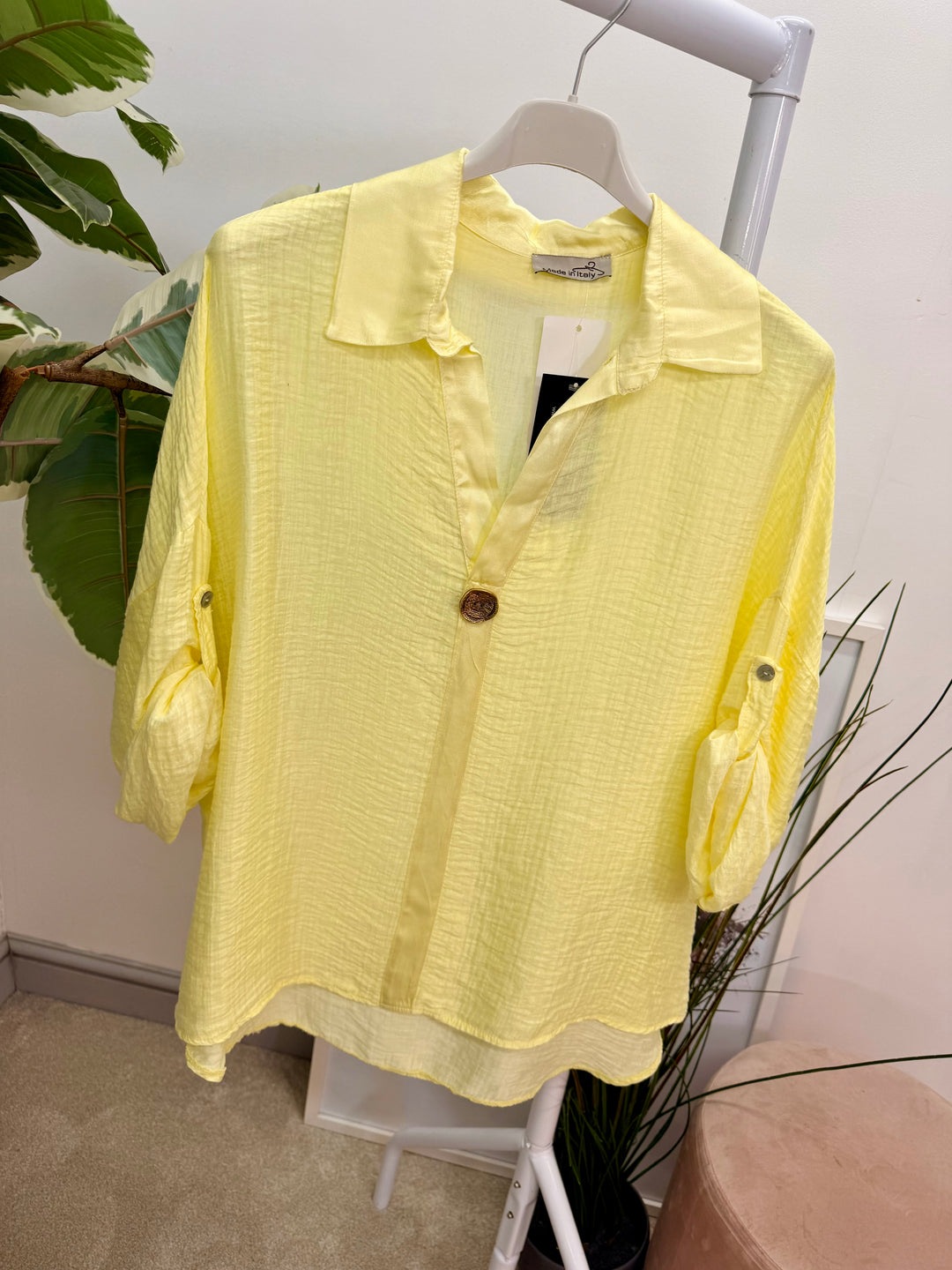 Ladies Fashion Grandad Style Top Blouse - Pink, Lemon, White & Blue