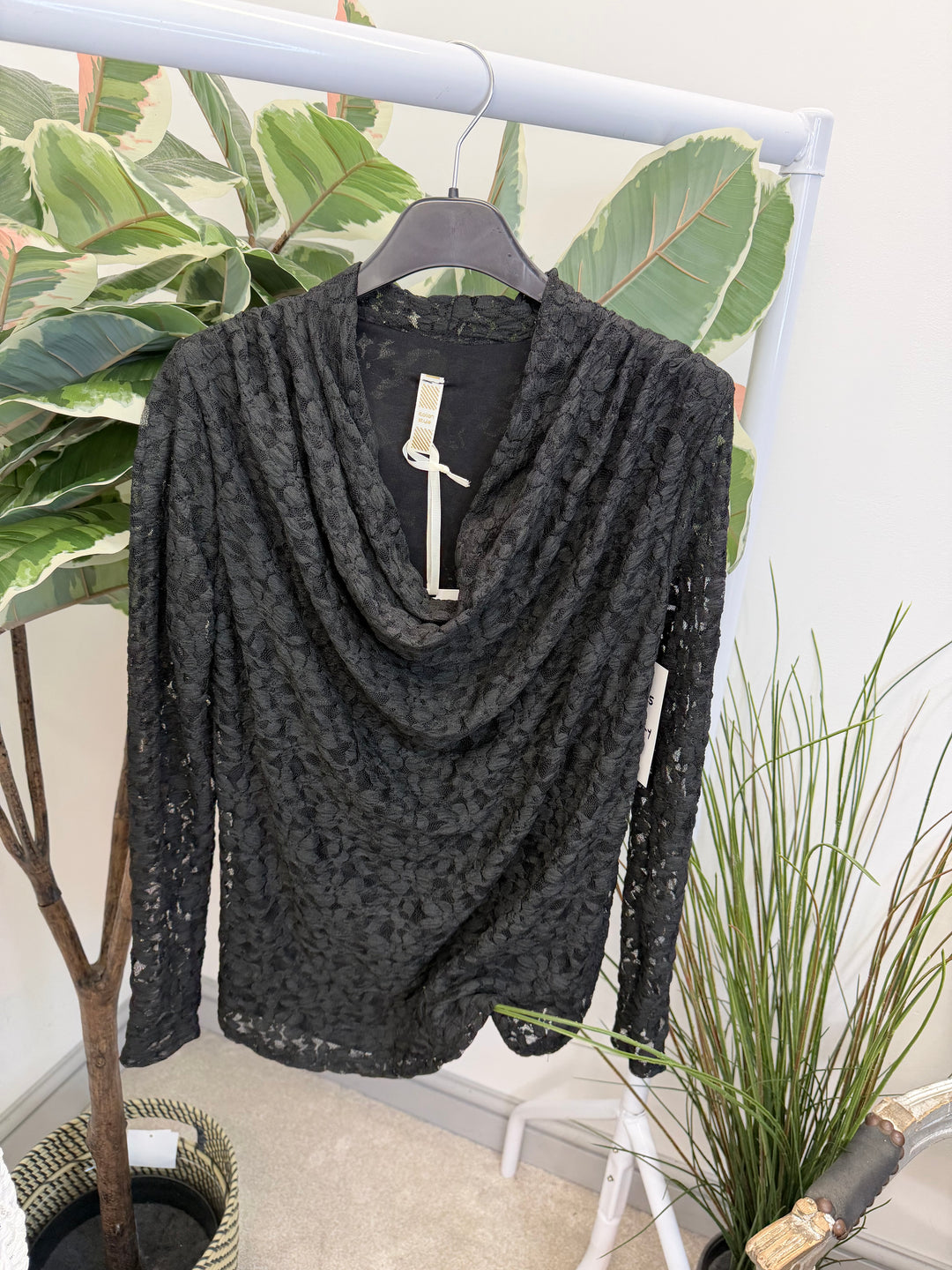 LADIES LACY COWL NECK LONG SLEEVE TOP - BLACK, WHITE & BROWN