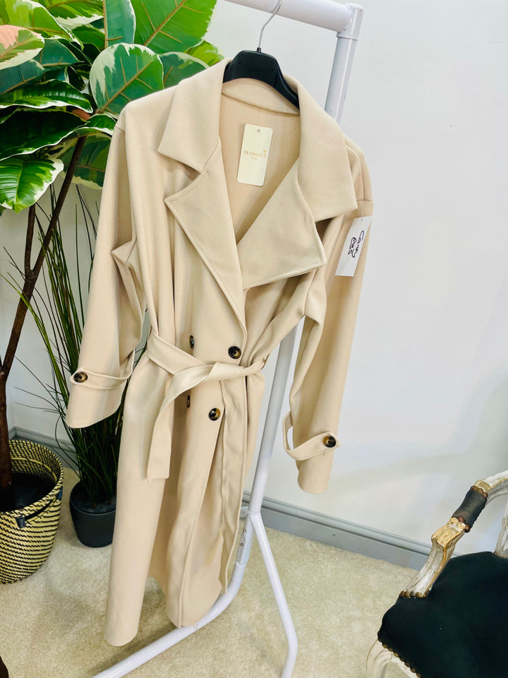 LADIES TIE BELT DUSTER COAT - BEIGE, MOCHA, BROWN & BLACK