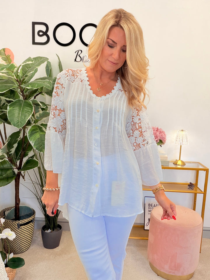 Ladies Lacy Floaty Summer Top - White, Blue, Pink, Lime