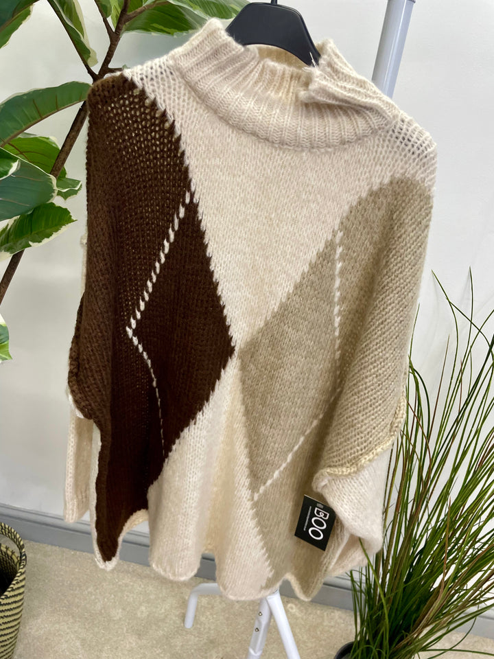 LADIES ARGYLE KNIT OVERSIZE JUMPER - CREAMS, BROWN, BEIGE