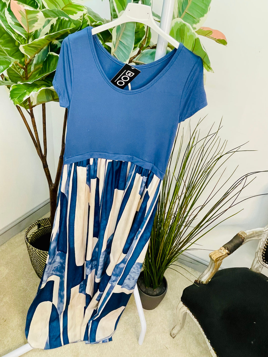 LADIES ABSTRACT PRINT T SHIRT DRESS - BLUE, NAVY, DENIM, RED & BROWN