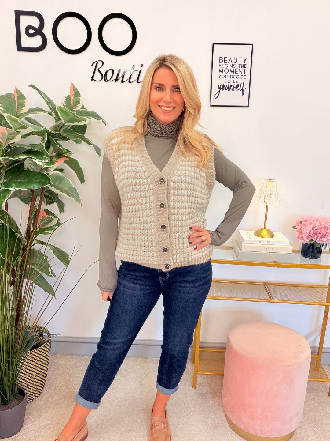 Women’s herringbone knit waistcoat - navy, beige, black, mocha & brown