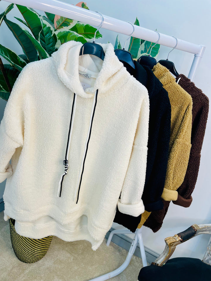 LADIES BOUCLE HOODIE TOP - BLACK, WHITE, CAMEL & BROWN