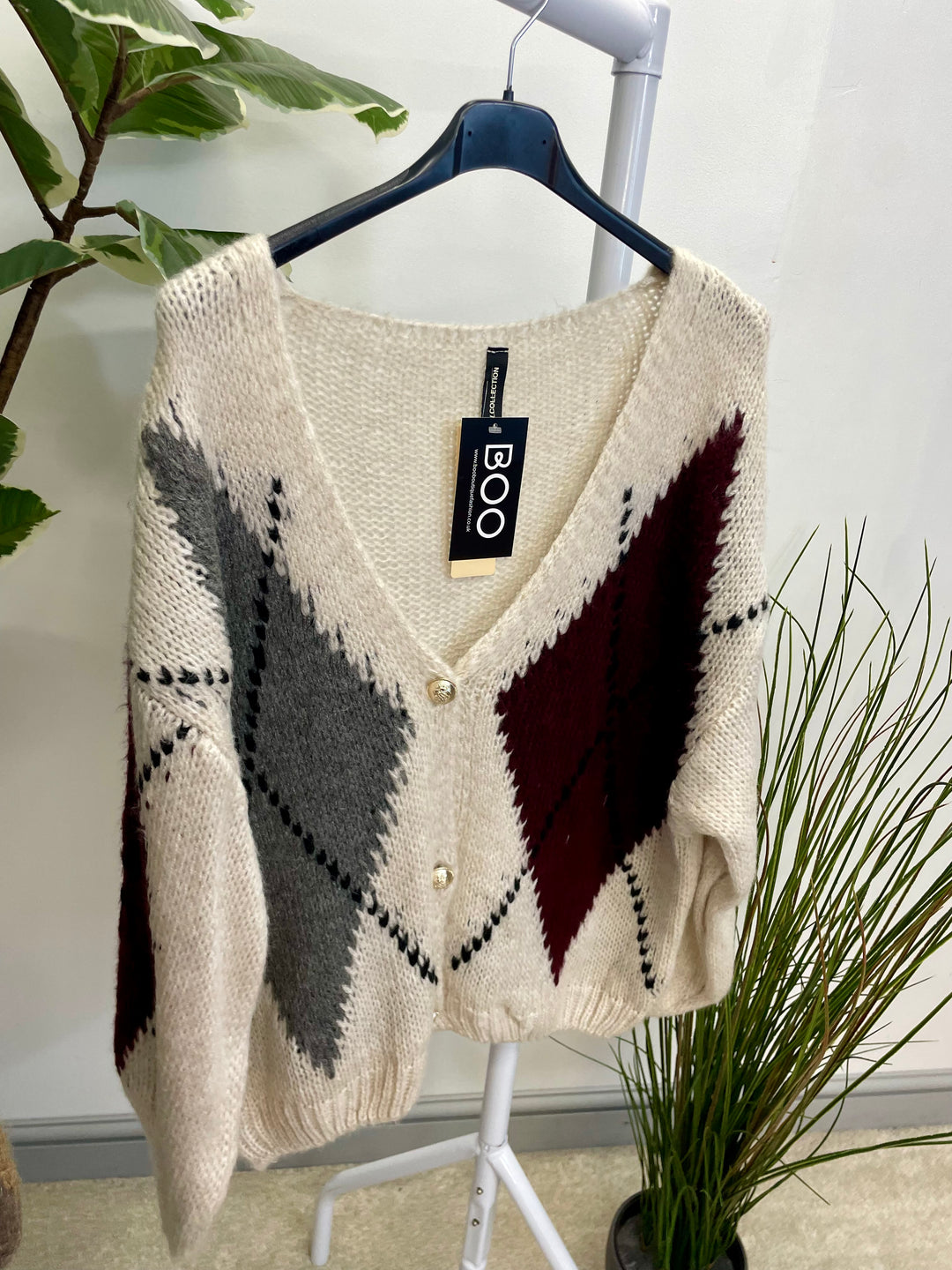 LADIES ARGYLE KNIT OVERSIZE CARDIGAN - BERRY, BEIGE, BROWN, MOCHA