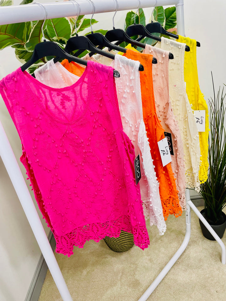 LADIES PRETTY CROCHET SUMMER SLEEVELESS TOP - WHITE, BEIGE, PINK, ORANGE, YELLOW, FUSCHIA