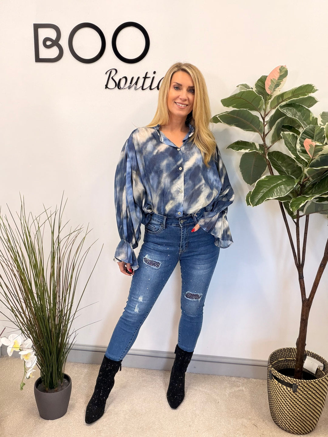 LADIES TIE DYE LOOSE FIT BLOUSE - PINK, NAVY, PALE BLUE