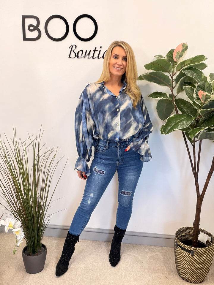 LADIES TIE DYE LOOSE FIT BLOUSE - PINK, NAVY, PALE BLUE