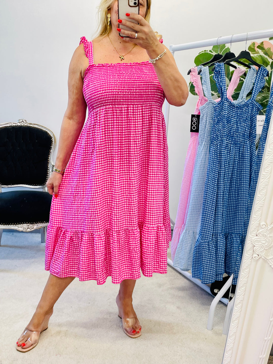 LADIES PRETTY GINGHAM CHECK SUMMER SUN DRESS - PINK, ROYAL BLUE, BABY BLUE, FUSCHIA