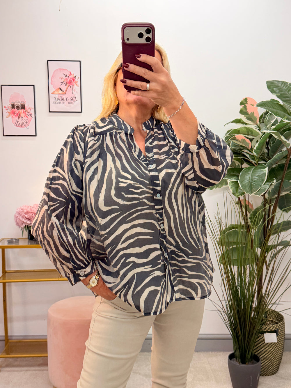 Womens zebra print smock style blouse top - navy & brown